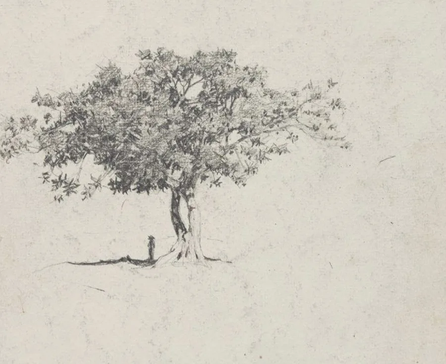 Desenho a lápis sobre papel antigo: uma árvore frondosa e isolada, com uma figura humana minúscula de chapéu ao pé do tronco.